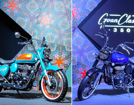 Royal Enfield Goan Classic 350 bobber bikes showcased in striking Purple Haze and Trip Teal colors, highlighting retro design and bold aesthetics.