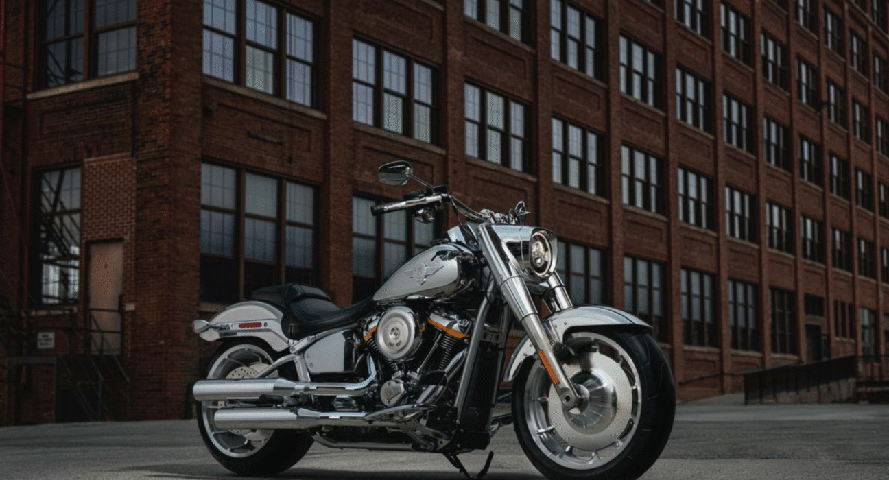 Harley-Davidson Fat Boy Gray Ghost parked outdoors showing chrome finish and retro-modern styling