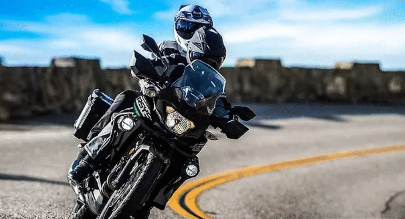 Kawasaki Versys X 300 front view with windscreen and wire-spoke wheels