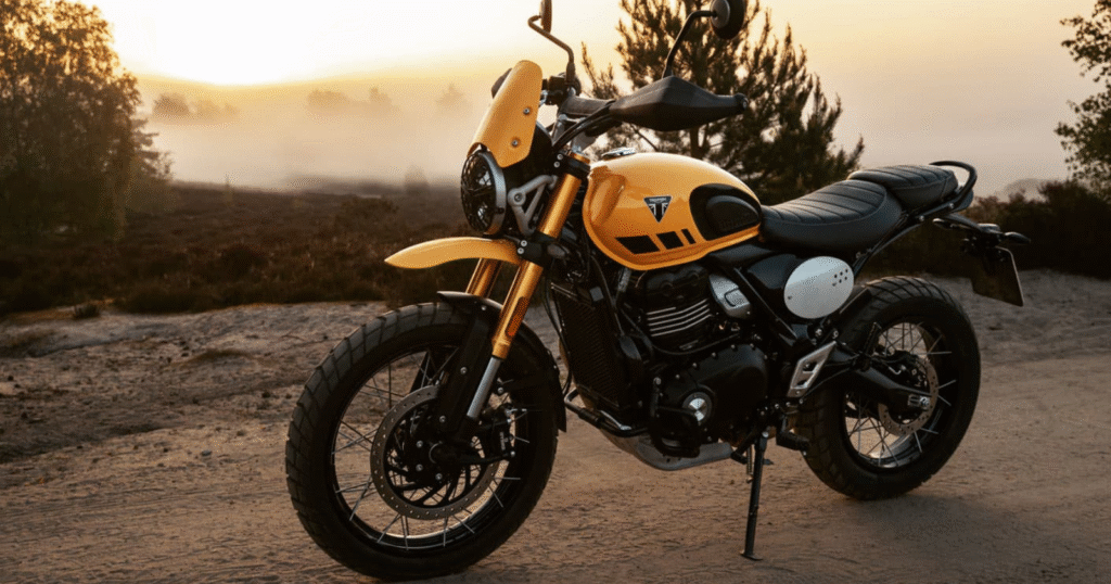 Close-up of Triumph Scrambler 400 XC engine and metal bash plate