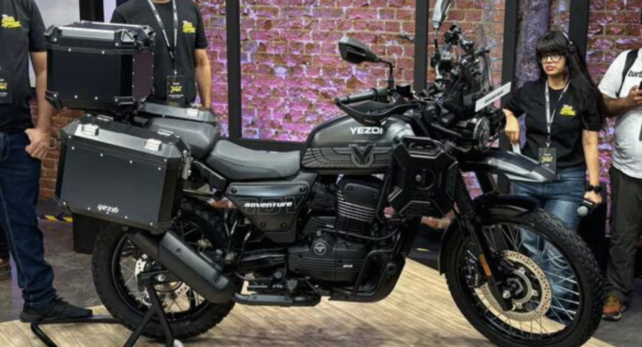 Close-up view of the 2025 Yezdi Adventure side profile with luggage