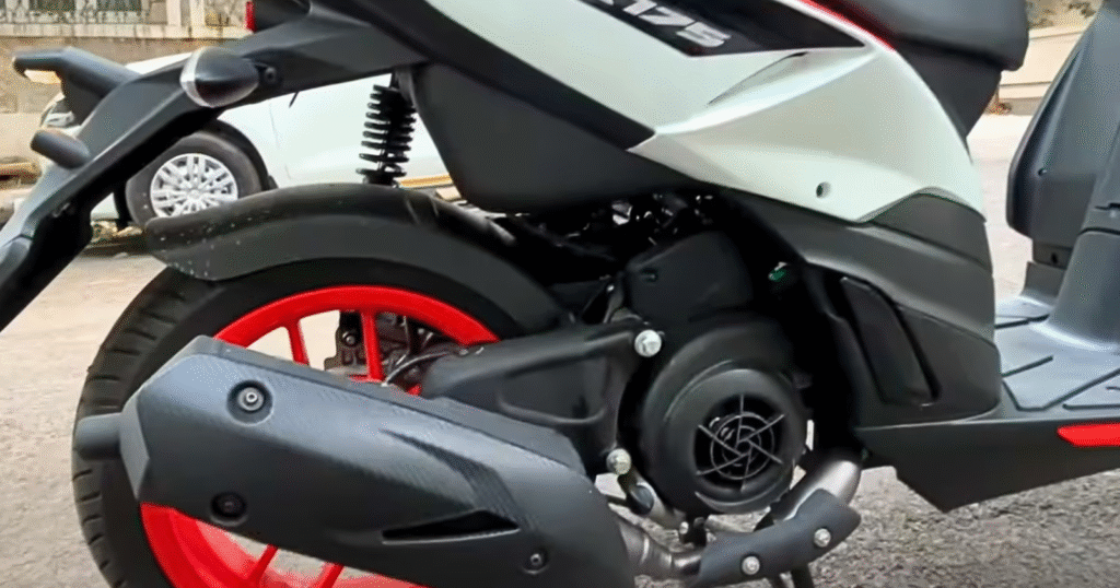 Close-up of Aprilia SR 175, engine and exhaust