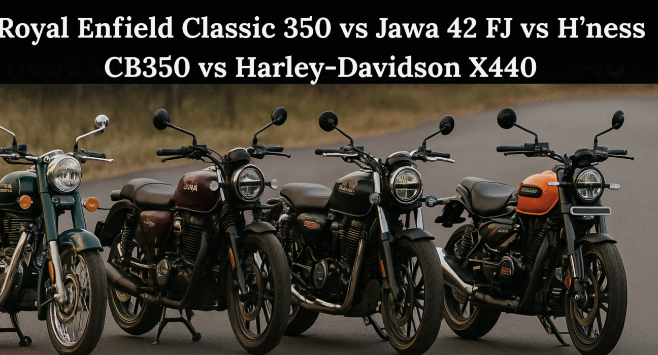 Side-by-side visual comparison of Royal Enfield Classic 350, Jawa 42 FJ, Honda H’ness CB350, and Harley-Davidson X440 showcasing design and road presence