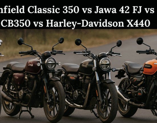 Side-by-side visual comparison of Royal Enfield Classic 350, Jawa 42 FJ, Honda H’ness CB350, and Harley-Davidson X440 showcasing design and road presence