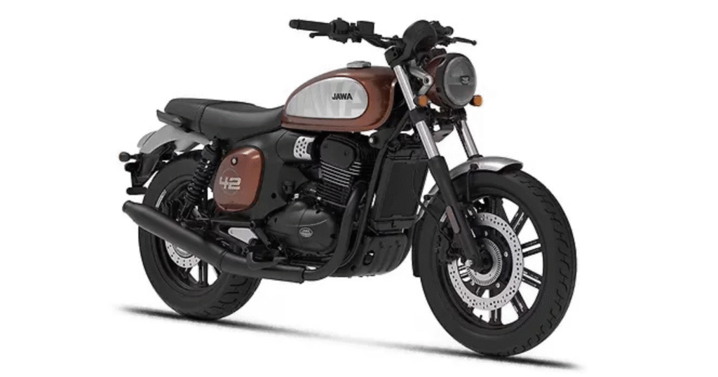 Jawa 42 FJ motorcycle parked on a city street highlighting its sporty stance and blacked-out components