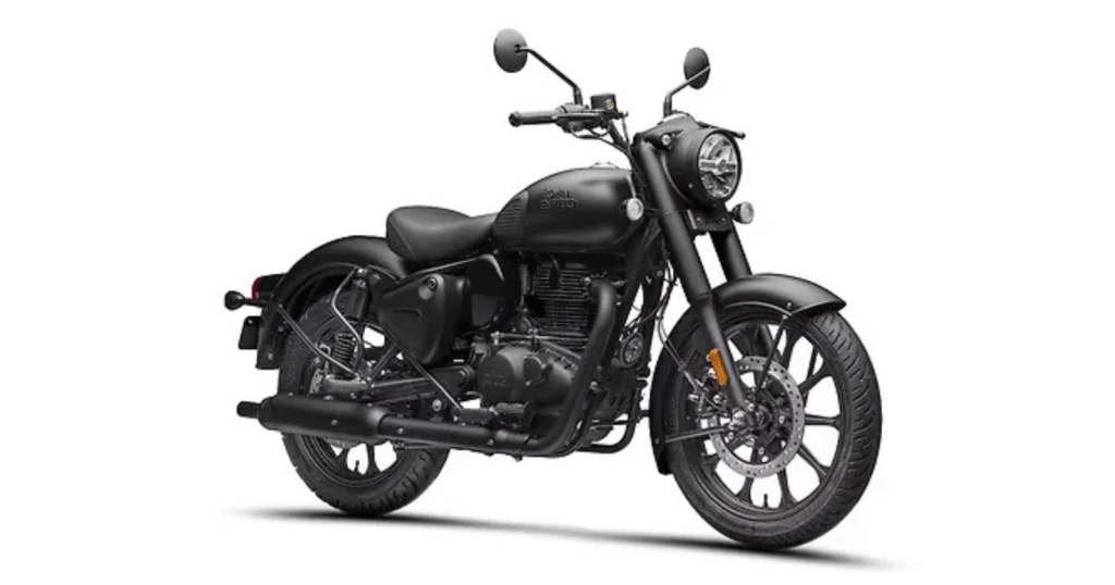 Front and side view of the Royal Enfield Classic 350 showing its retro styling, black matte finish, and signature teardrop fuel tank