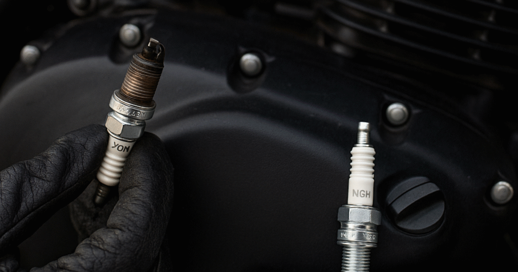 A motorcyclist inspecting a spark plug for carbon deposits and comparing the right one