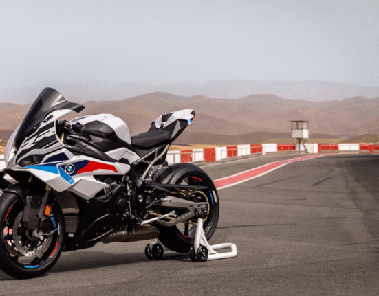 BMW S 1000 RR superbike parked at racing track