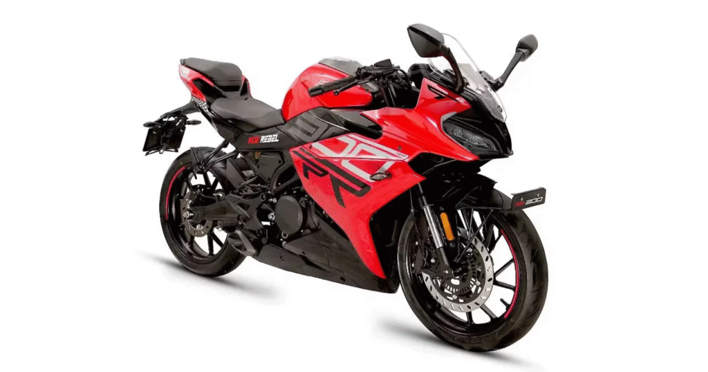Keeway RR 300 side view with full fairing in red colour