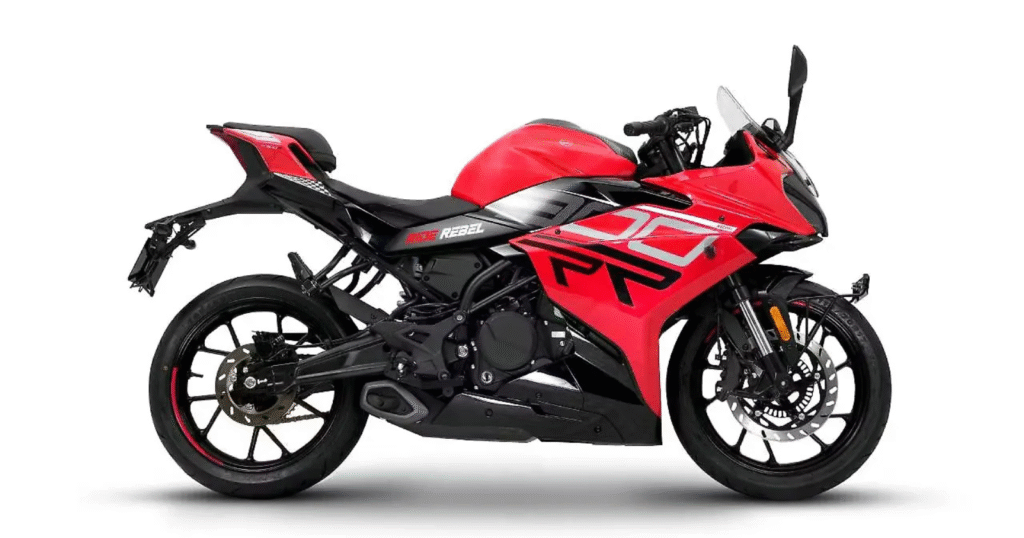 Keeway RR 300 side view with full fairing in red colour