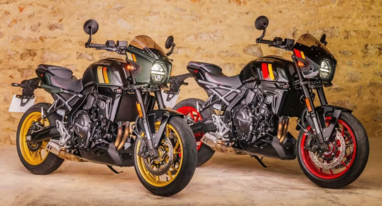 Suzuki GSX 8T and Suzuki GSX 8TT parked in garage