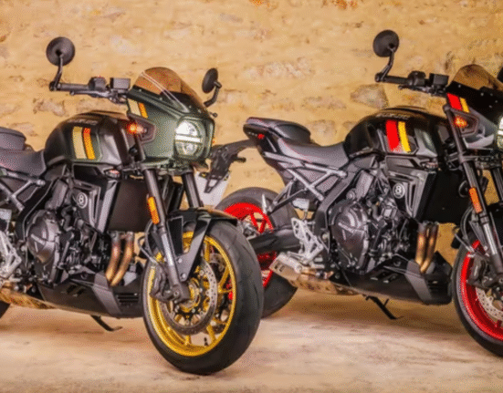 Suzuki GSX 8T and Suzuki GSX 8TT parked in garage