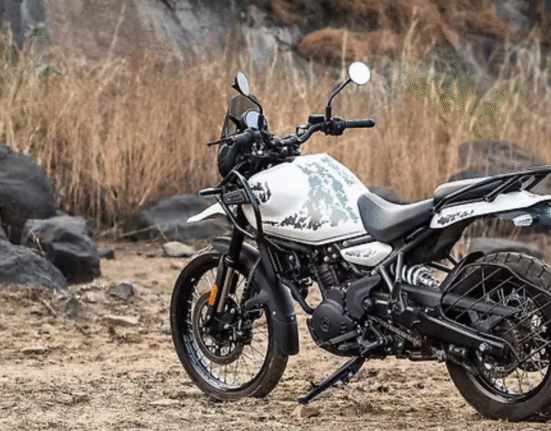 Royal Enfield Himalayan 450 with Tubeless Cross Spoke Wheels rear view