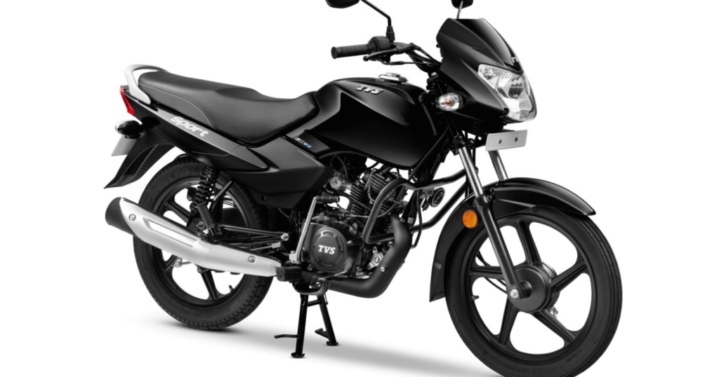 TVS Sport commuter bike in sporty graphics, ready for city riding with a powerful engine
