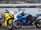 Two Suzuki GSX 8R parked side view showcasing