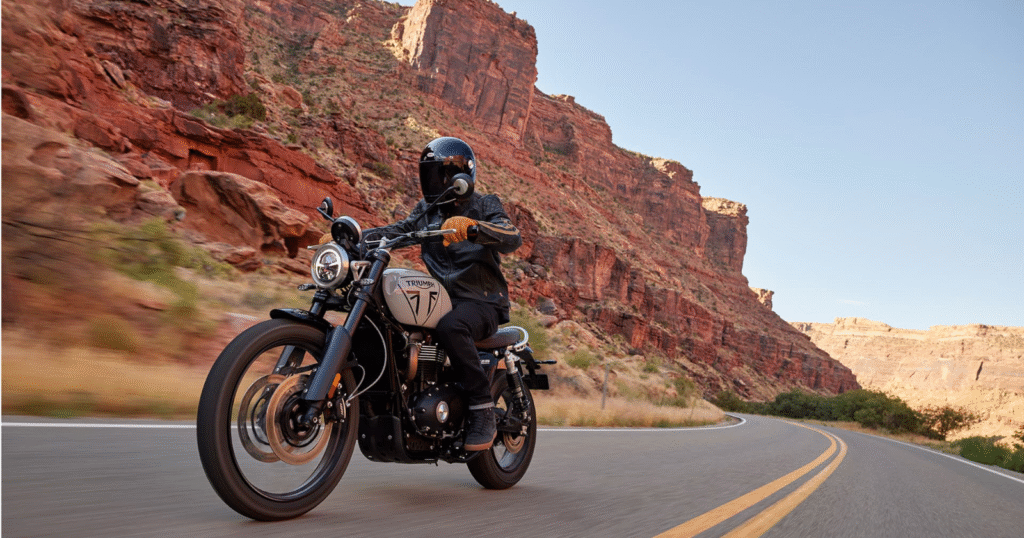 triumph scrambler 1200 x rolling on open road