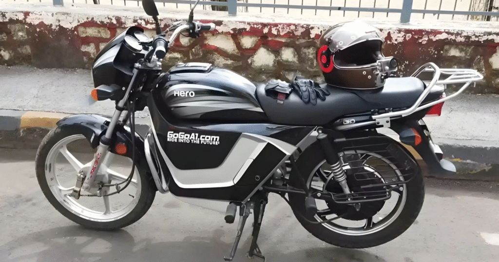 Side profile of Hero Splendor electric bike 2025 with alloy wheels and sleek body