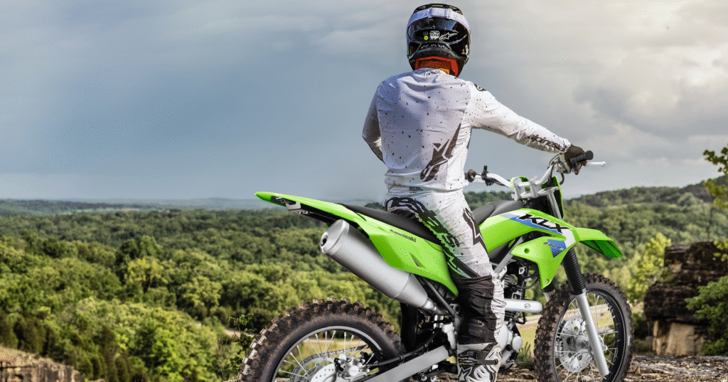 Rear view of Kawasaki KLX 230 RS showing long-travel monoshock suspension