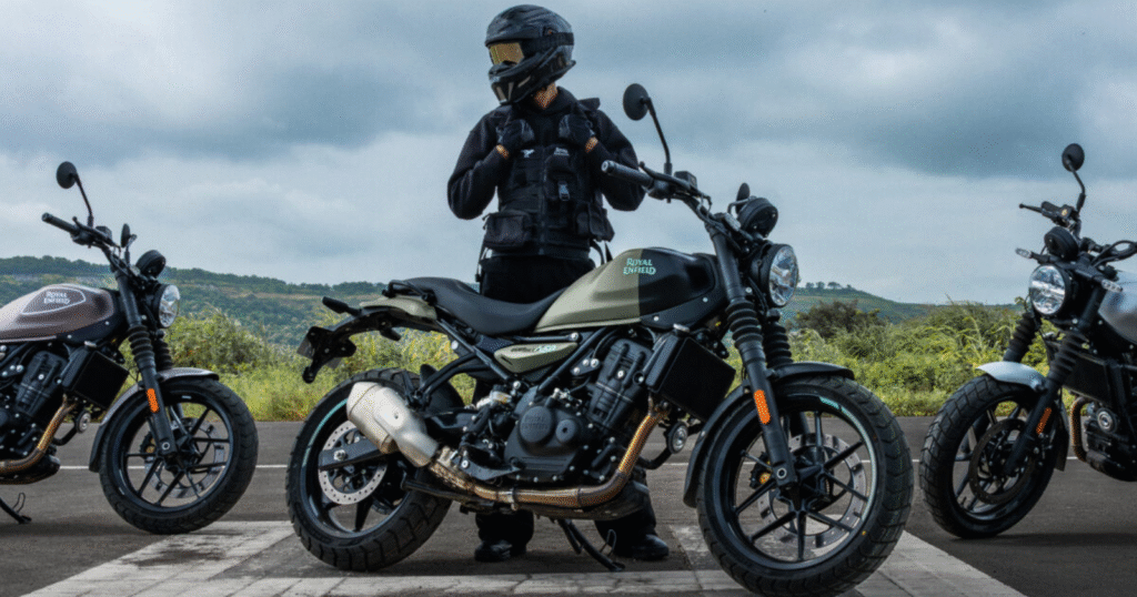 Royal Enfield Guerrilla 450 Shadow Ash with rider
