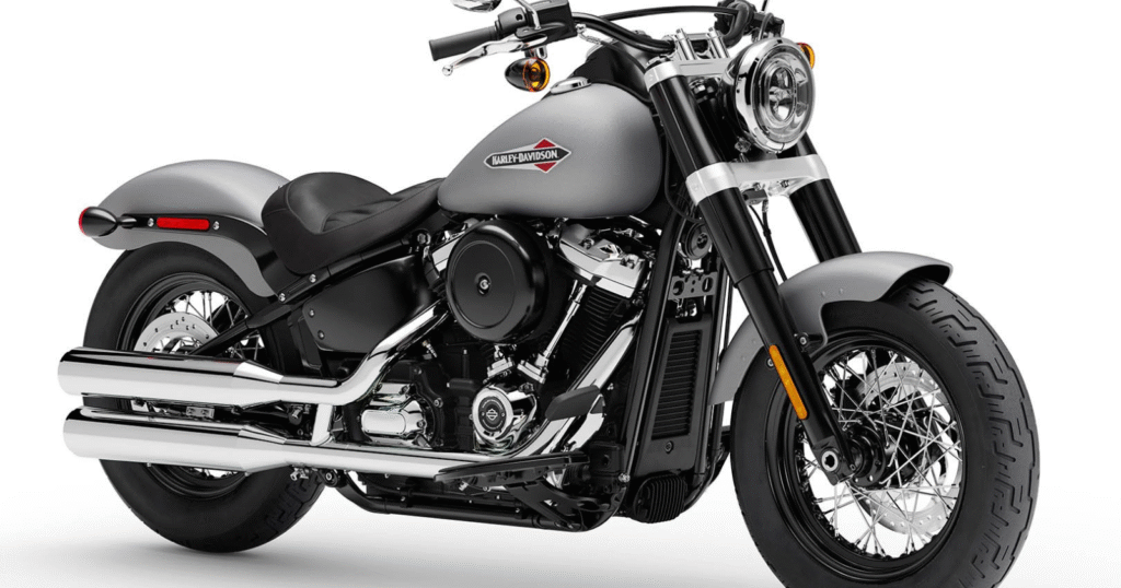Close-up of Harley Davidson Softail Slim Milwaukee-Eight 107 engine and chrome details