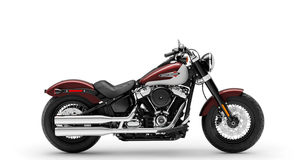 Side view of Harley Davidson Softail Slim showing low seat height and V-Twin engine