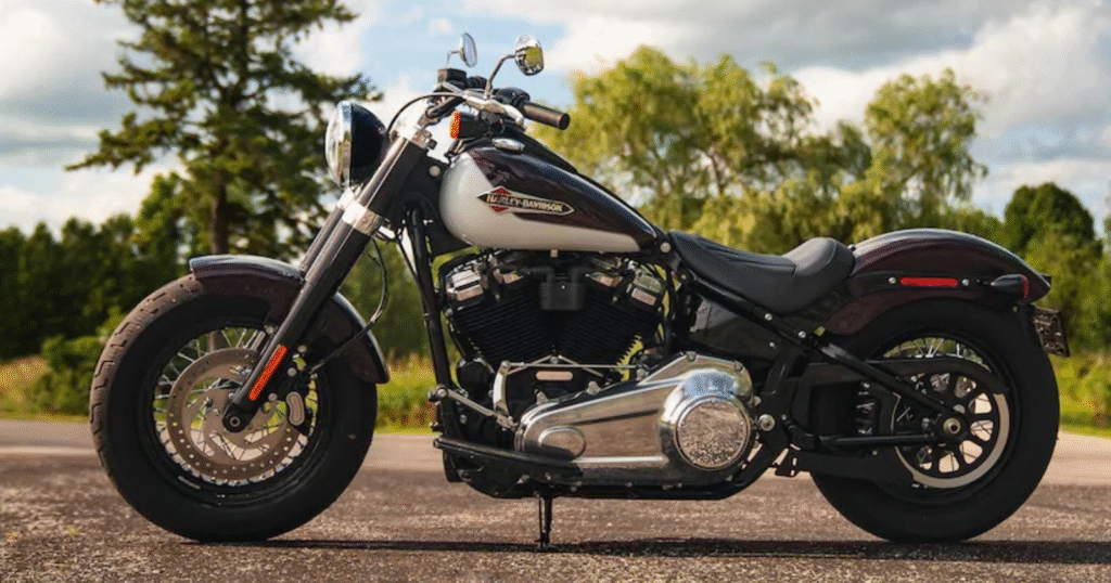 Rear view of Harley Davidson Softail Slim cruiser motorcycle with classic bobber styling