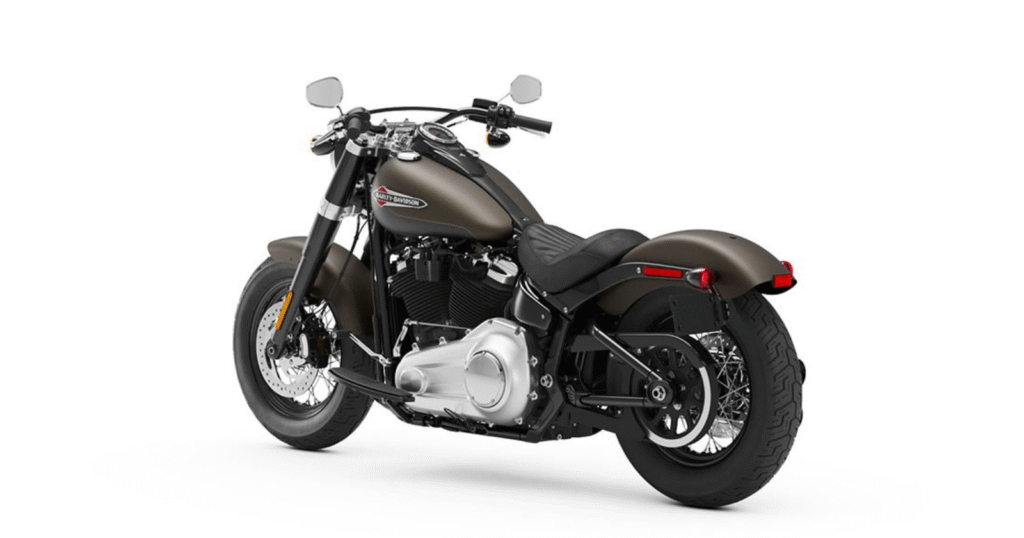Rear view of Harley Davidson Softail Slim highlighting wide tires and retro bobber look