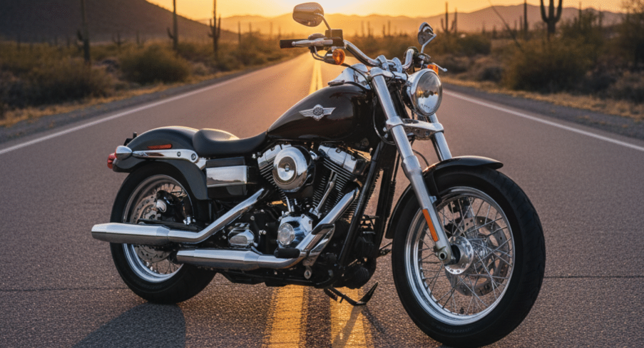 Front angle of Harley Davidson Softail Slim on U.S. highway