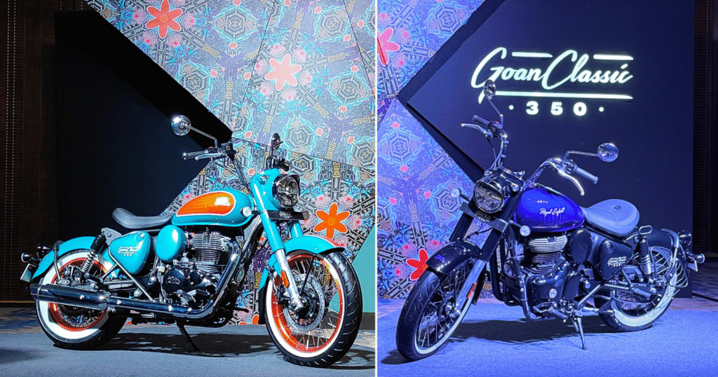 Royal Enfield motorcycles lined up with updated GST-based price tags