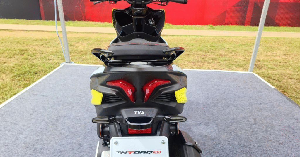 Rear view of TVS Ntorq 150 with split tail lights