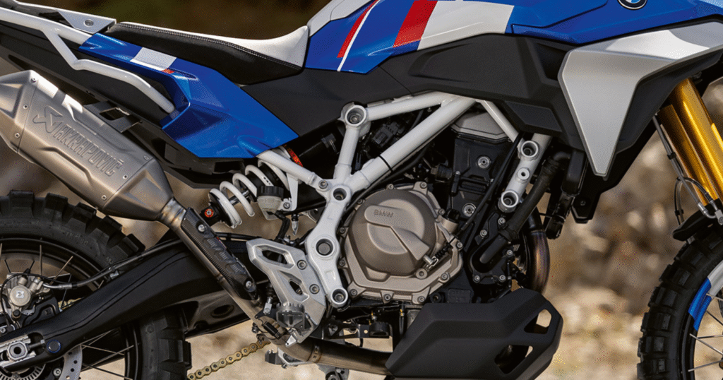 Close-up view of BMW F450 GS 450cc parallel-twin engine and detailing