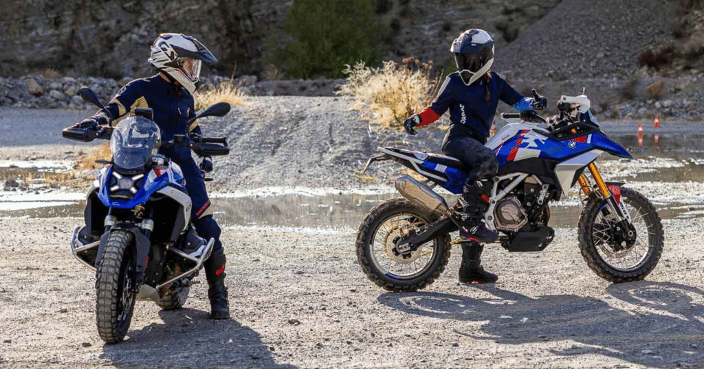 Two riders enjoying adventure ride on their BMW F450 GS motorcycles on Mountains