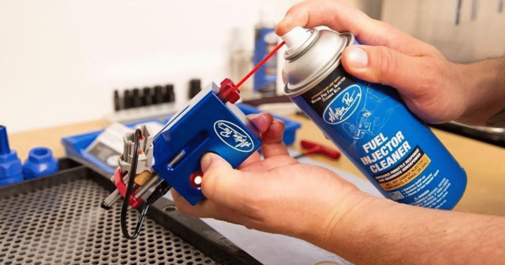 Mechanic cleaning motorcycle fuel injector to restore power