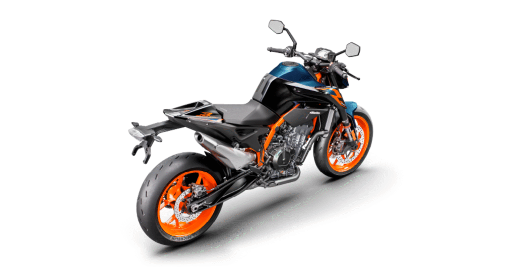 Rear view of KTM Duke 890 R with aluminum subframe and LED tail light