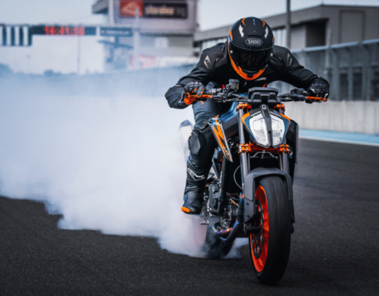 KTM Duke 890 R front view showcasing aggressive LED headlight