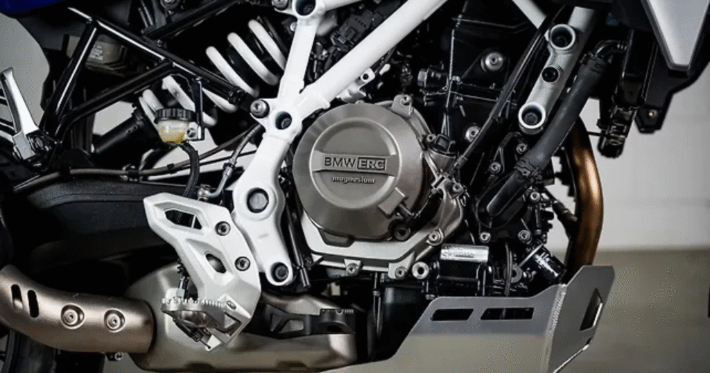 Close-up of BMW F 450 GS 450 cc parallel-twin engine designed for balance and performance.