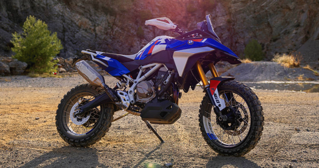 BMW F 450 GS side profile showcasing neo-adventure styling with beak-like front and sculpted fuel tank.