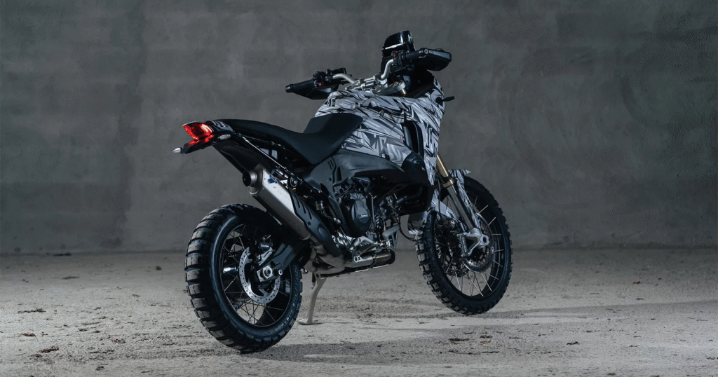 Camouflaged next-gen Ducati DesertX rear view