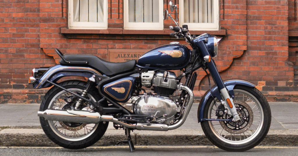 Royal Enfield Bullet 650 Battleship Blue right-side profile displayed at EICMA 2025.