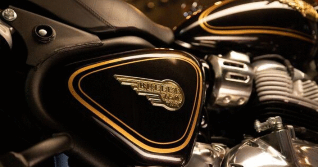 Royal Enfield Bullet 650 toolbox with vintage embossed Royal Enfield badging.