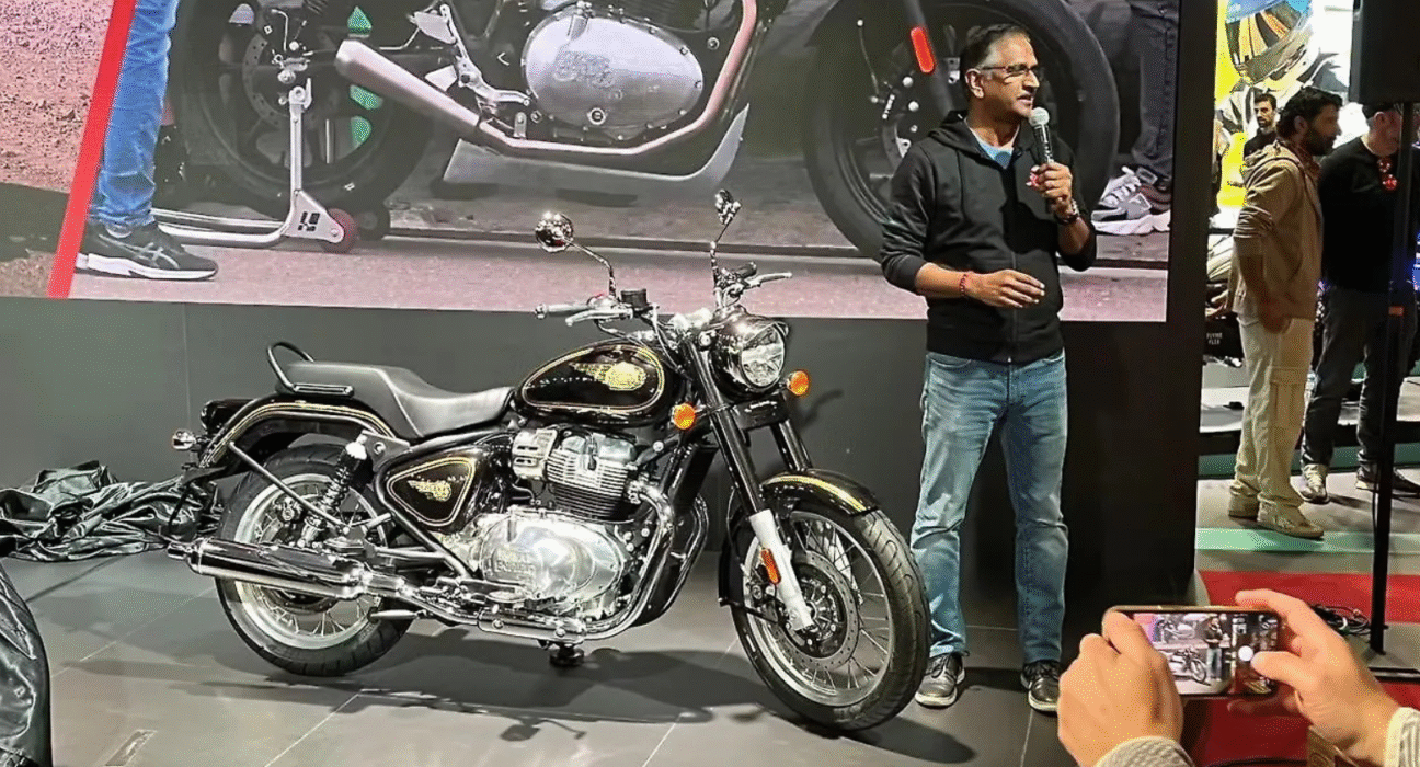 Royal Enfield Bullet 650 showcased at the EICMA 2025 event in Milan with visitors viewing the new model display.