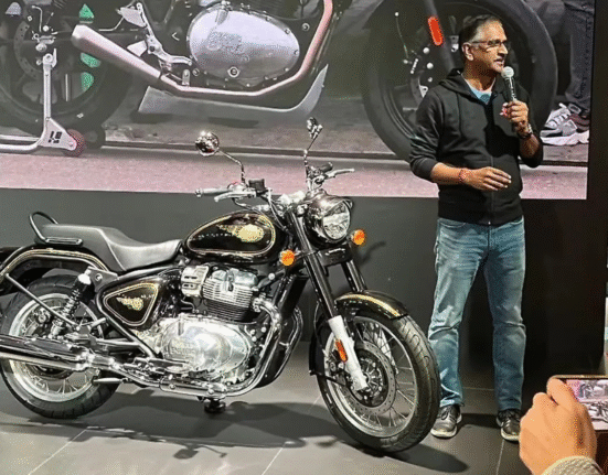 Royal Enfield Bullet 650 showcased at the EICMA 2025 event in Milan with visitors viewing the new model display.