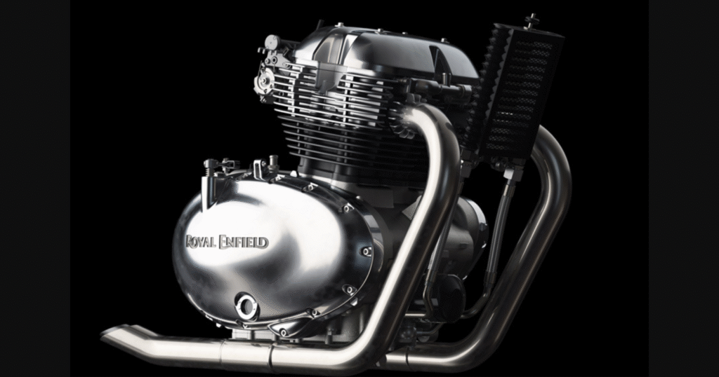 Royal Enfield Bullet 650 twin-cylinder 648cc engine showcased against a black background highlighting its design and detailing.