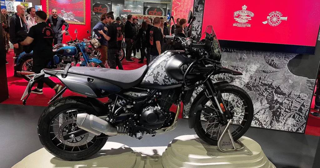 Royal Enfield Himalayan 450 Mana Black Edition on display at EICMA 2025 featuring stealth black livery and factory-fitted rally kit