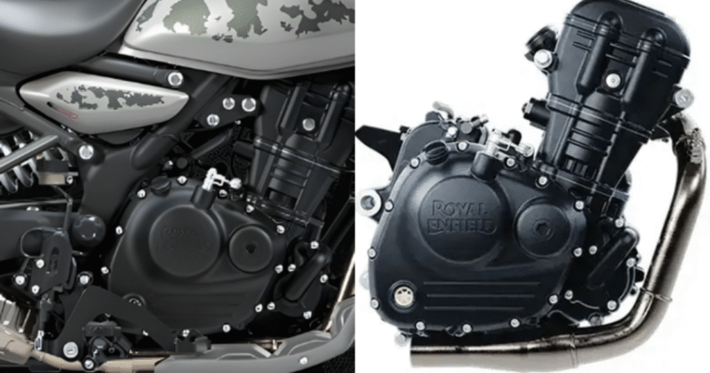 Close-up view of the Sherpa 450 engine platform used in the Royal Enfield Himalayan 450 Mana Black Edition for powerful adventure performance.