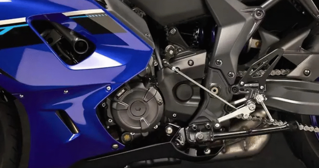 Close-up view of 2026 Yamaha YZF-R7 689cc CP2 engine details