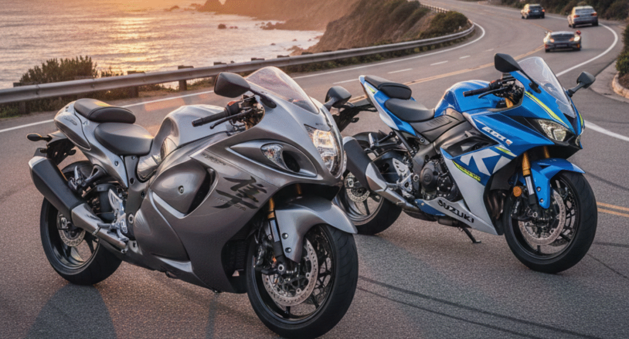 Suzuki GSX-8R and Hayabusa parked on an open highway