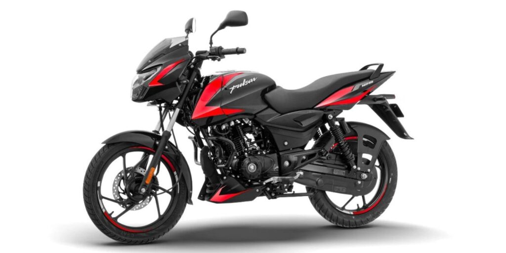 2026 Bajaj Pulsar 125 in black and red colour shown in a studio profile view