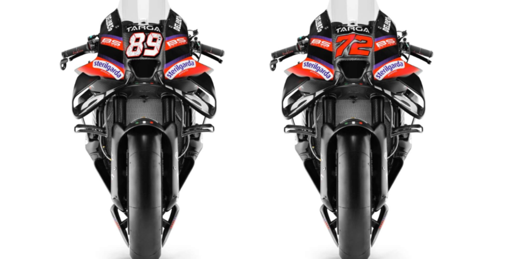 Front view of the Aprilia RS-GP26 MotoGP bike showing aerodynamic winglets and rider numbers ahead of the 2026 season