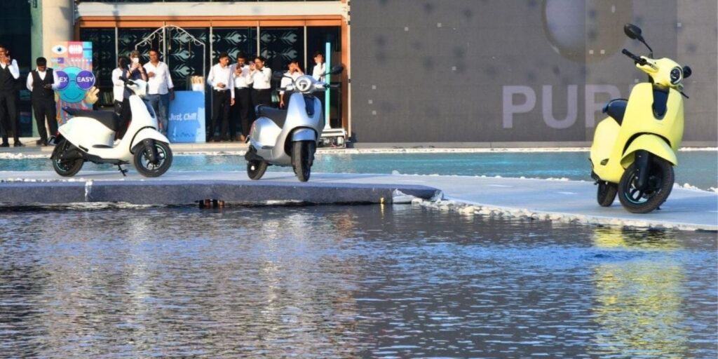 Bajaj Chetak C2501 electric scooters showcased on stage during official launch event
